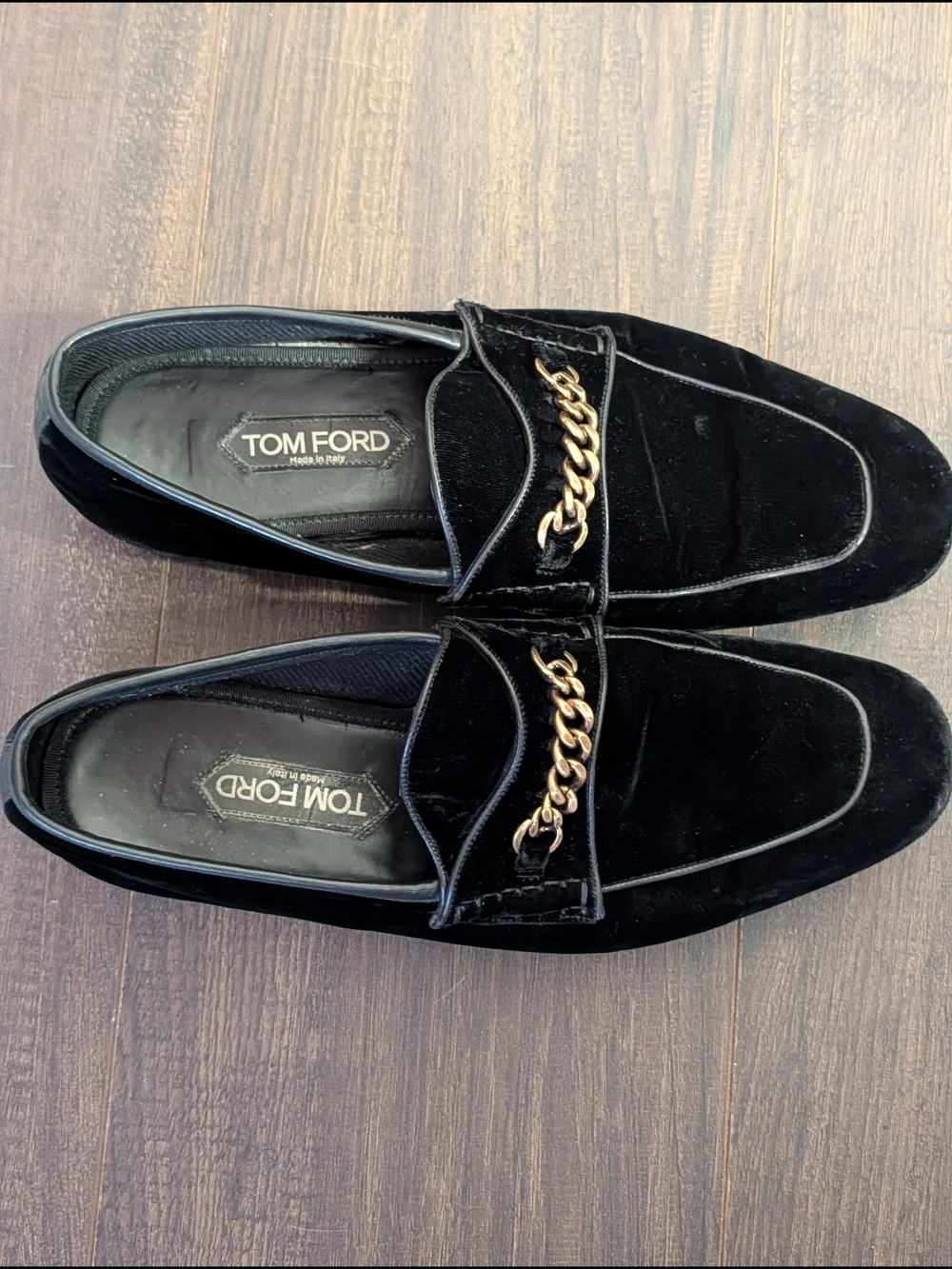 Tom Ford Black Velvet + Leather Loafers with Gold Chain Accent Italy Mens Sz 9